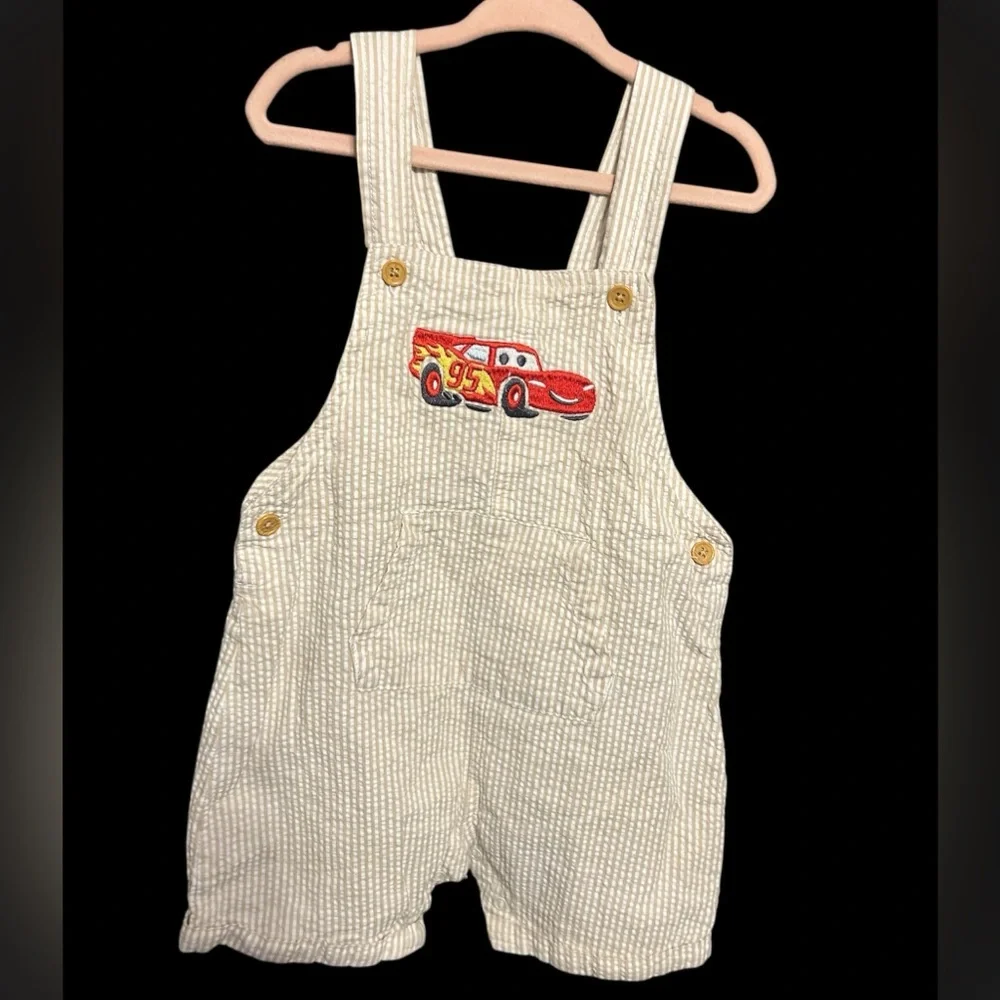 Disney Cars Beige Striped Searsucker Overalls